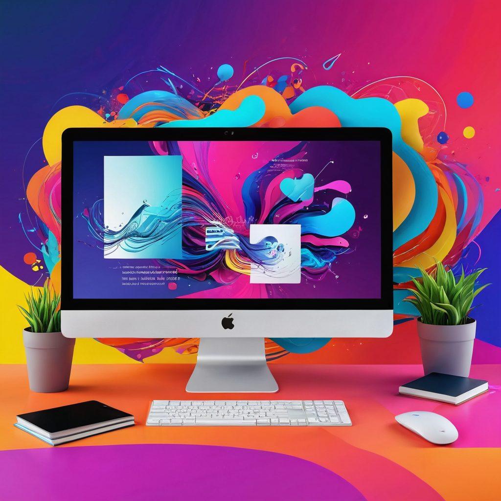 A dynamic digital landscape showcasing a computer screen displaying a vibrant personal website design, surrounded by artistic elements like colorful, swirling abstract shapes representing creativity and genius. Illustrate diverse individuals engaging with the content, symbolizing global connectivity and inspiration. Use bright colors to convey enthusiasm and innovation, with a hint of technology in the background. super-realistic. vibrant colors. 3D.