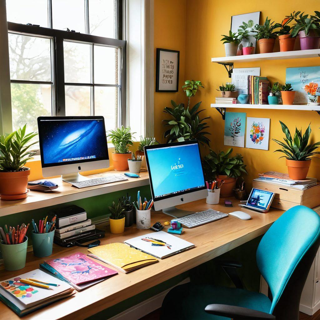 A vibrant, cozy digital workspace filled with colorful art supplies, cheerful decorations, and uplifting quotes on the walls. The scene includes an inviting desk setup with a laptop, plants, and art pieces that inspire creativity. Warm, sunlight filters in through a window, enhancing the cheerful atmosphere. super-realistic. vibrant colors. bright background.