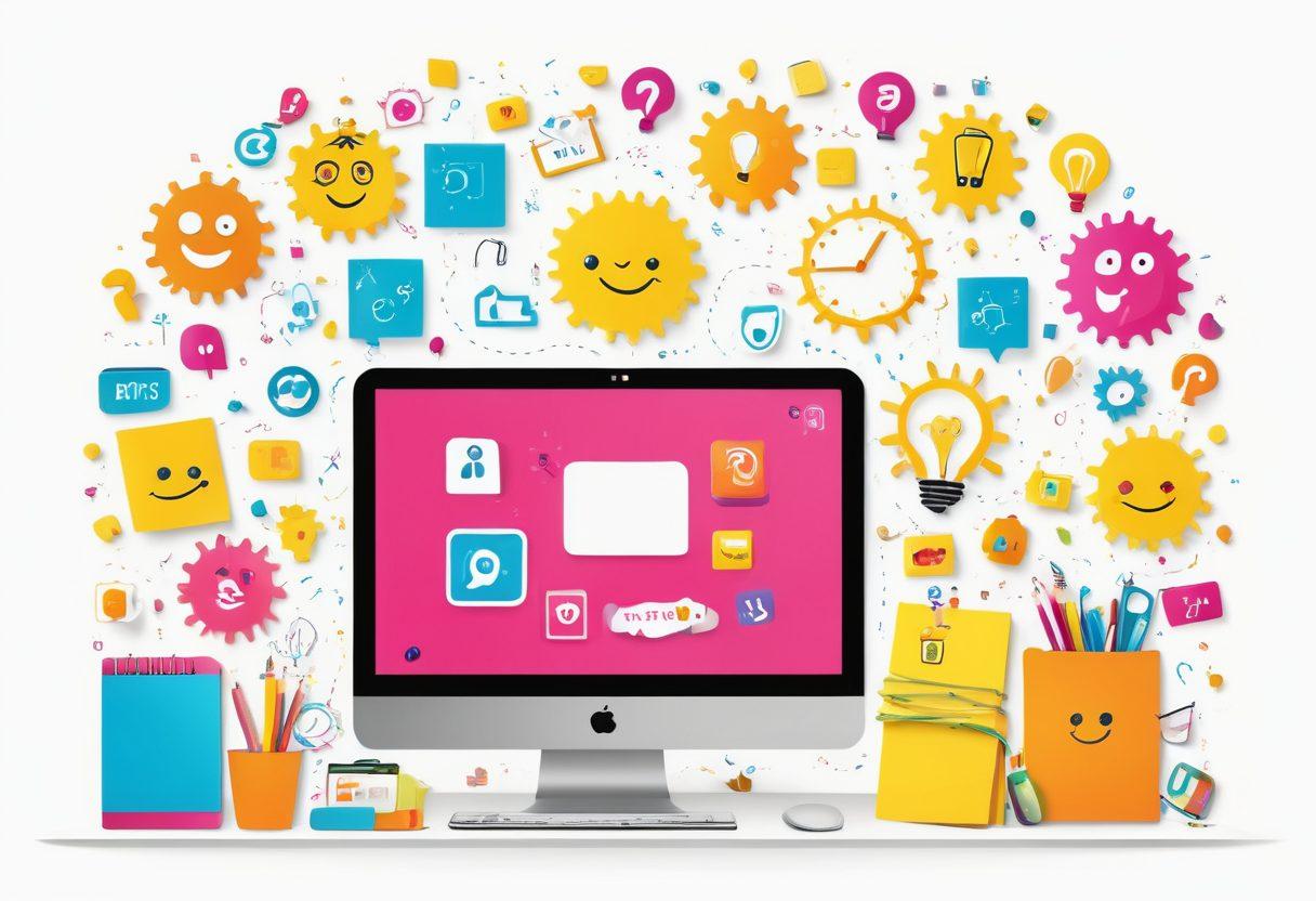 A whimsical and vibrant digital workspace filled with creative tools, bright sticky notes, and a cheerful character joyfully brainstorming ideas. Surround the scene with symbols of online presence like social media icons and a glowing laptop. Incorporate elements of inspiration such as lightbulbs and colorful gears to represent genius. Make it feel lively and engaging. vector art. vibrant colors. white background.